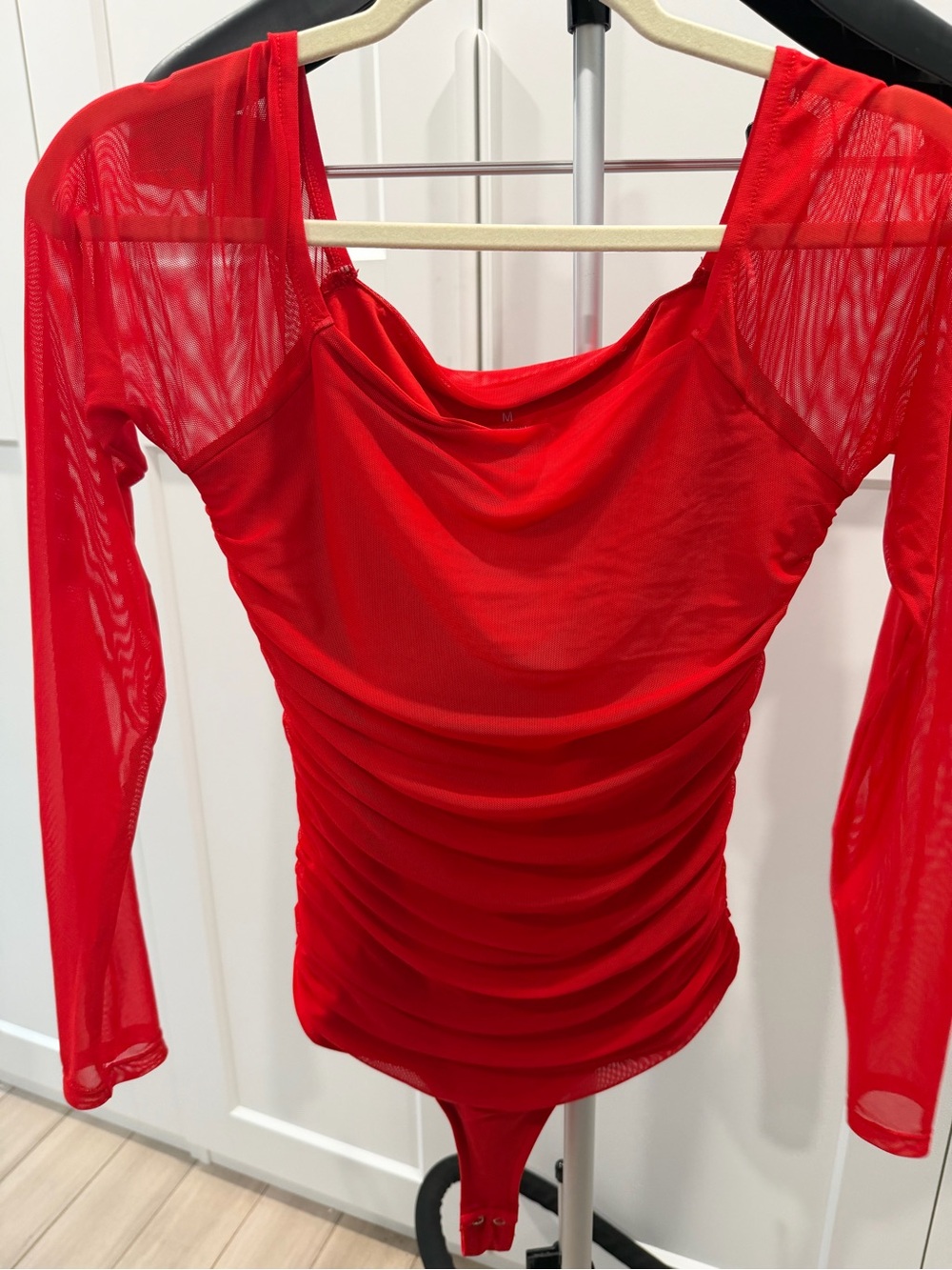 Sheer-Panel Red Ruched Long-Sleeve Bodysuit